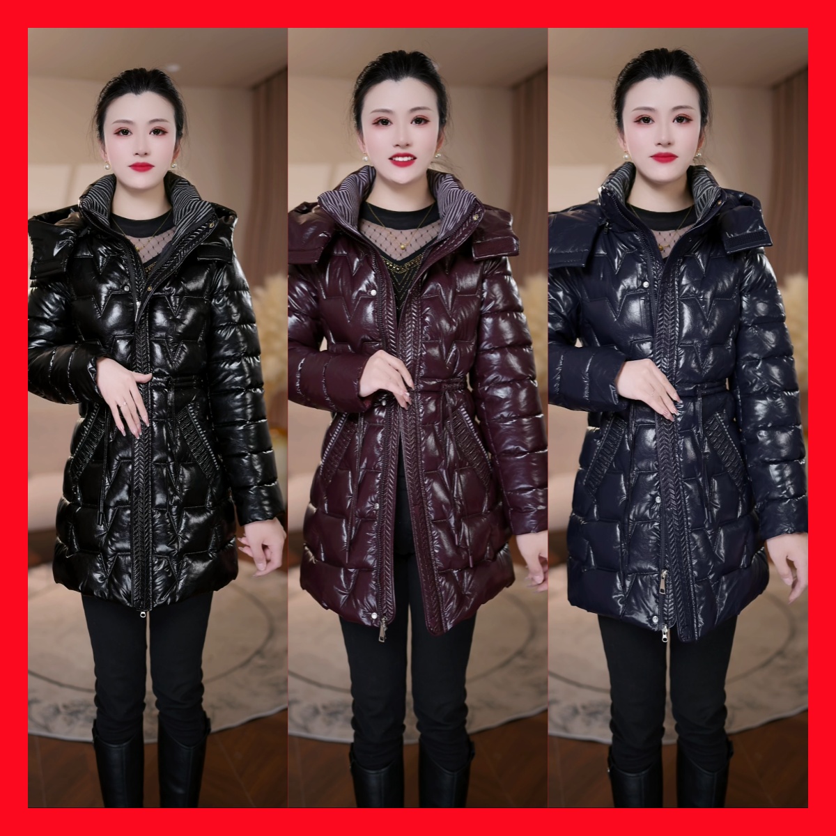 A15新款冬季时尚保暖妈妈装加厚纯色连帽洋气韩版外套女