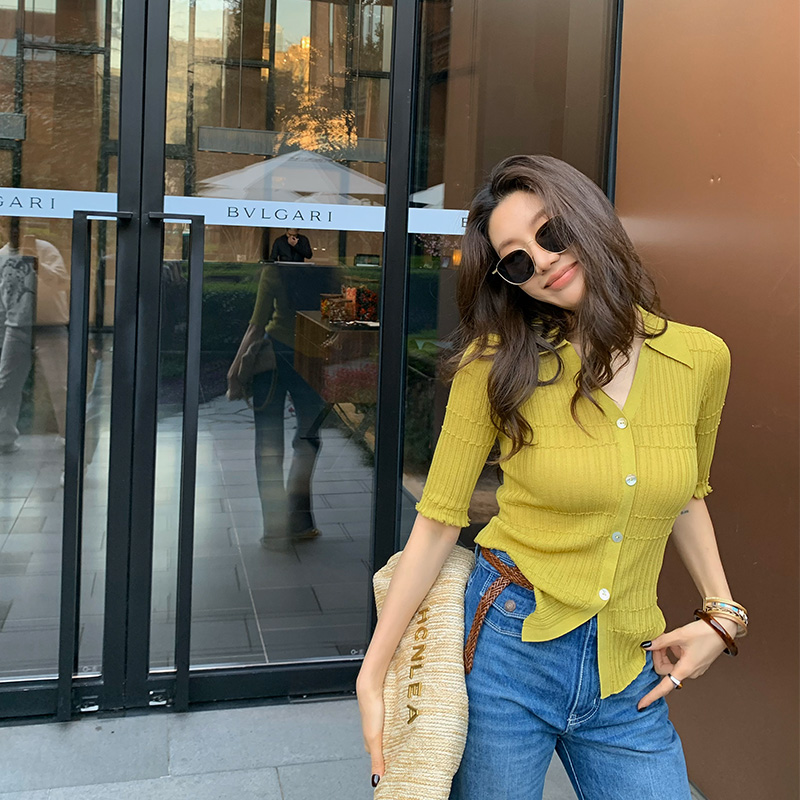 【ALONESAVOR】舒适感 经典纯色翻领收腰亚麻垂坠短袖毛针织衫Z176