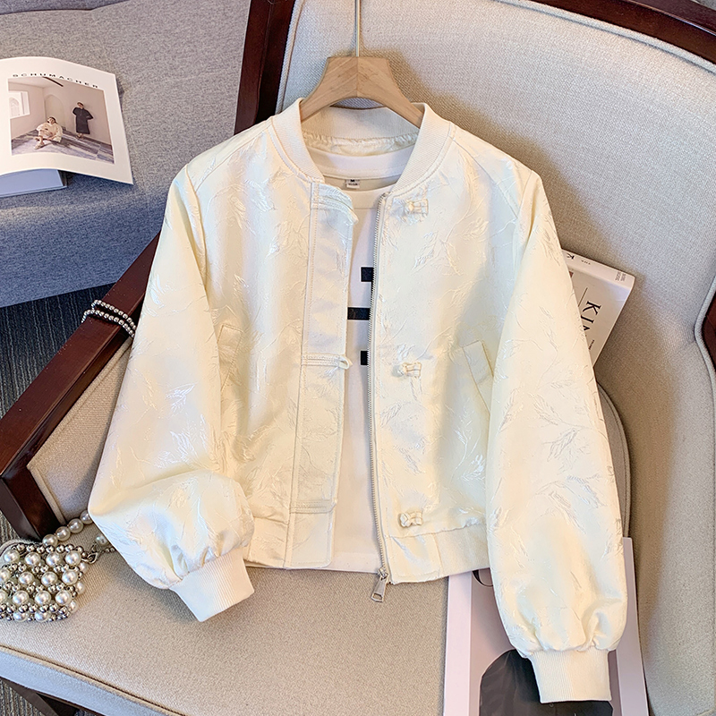 拉夏贝尔白色新中式国风棒球服外套女2025初春秋装新薄款短款夹克