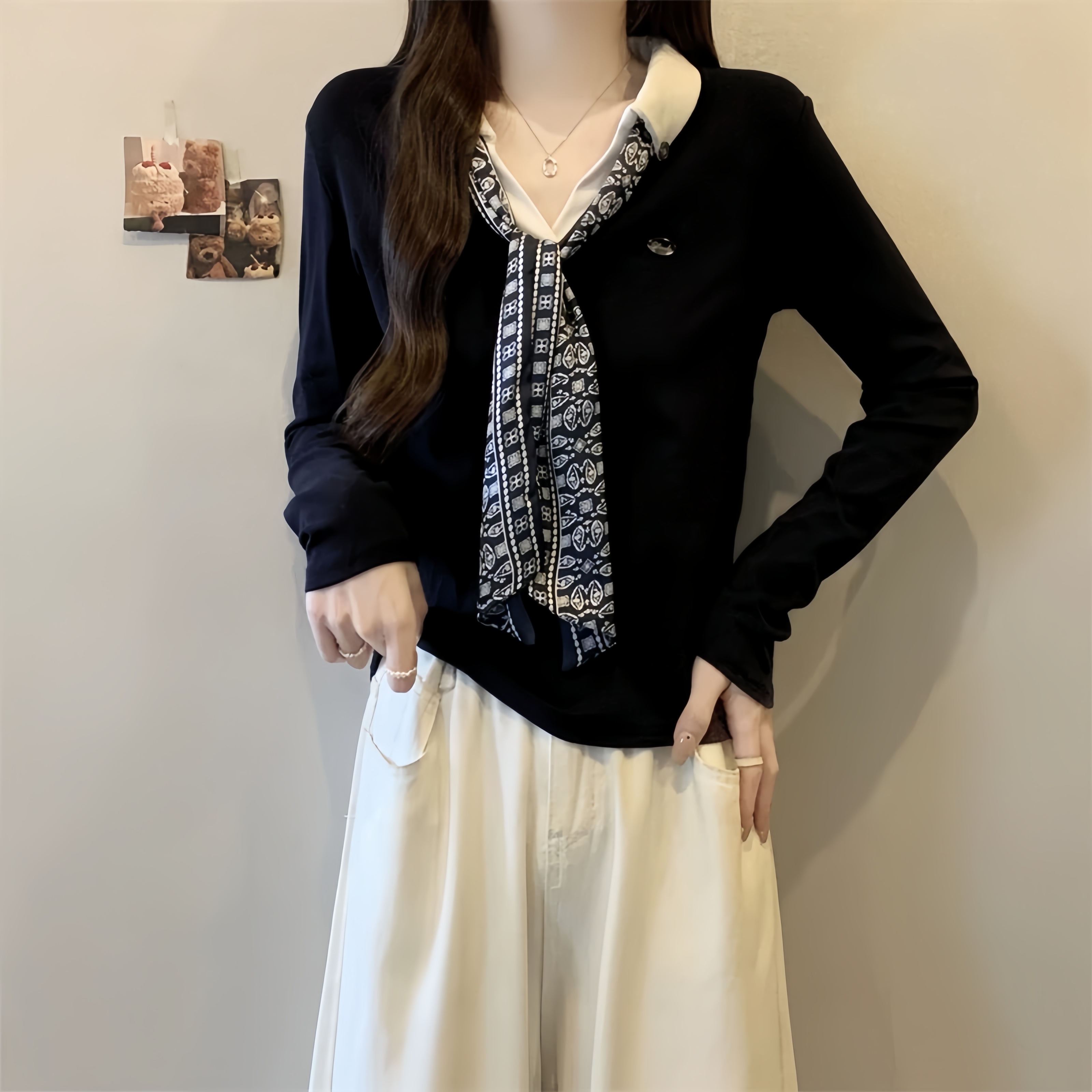 新款长袖时尚丝巾绑带拼接设计感显瘦女上衣翻领打底衫女2025秋冬