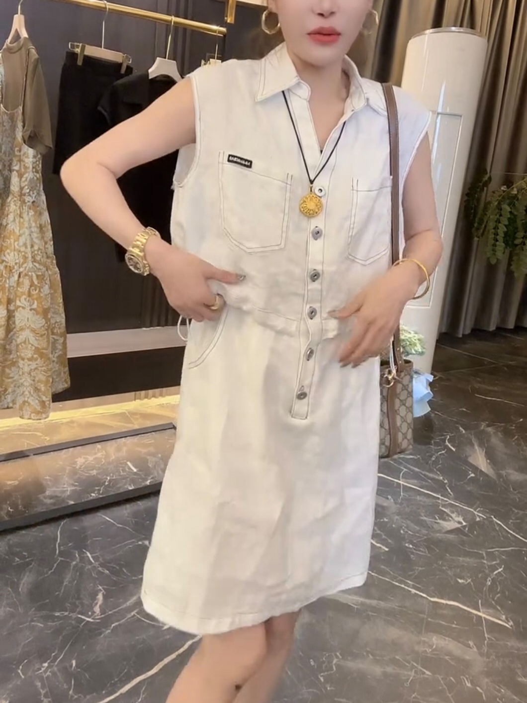 夏季新款时尚洋气减龄假两件棉麻透气连衣裙弯刀袖抽绳收腰连体裙