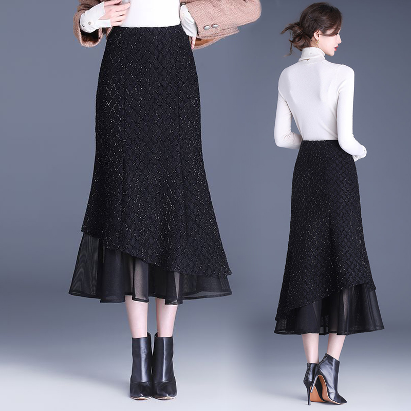 网纱鱼尾裙半身裙女2025春秋新款高腰显瘦中长款拼接一步包臀长裙