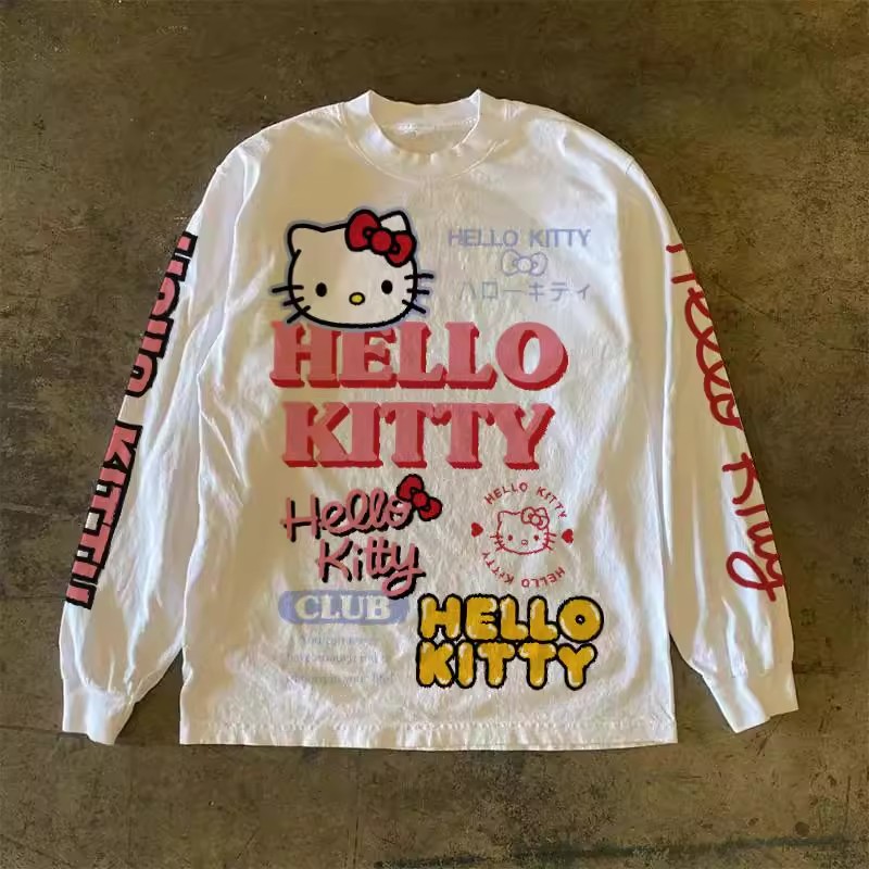 300克重磅！美式休闲凯蒂猫印花男女长袖T恤百搭宽松潮流圆领上衣T