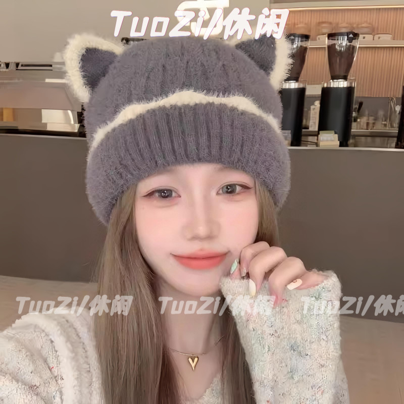 显脸小动物猫耳朵帽子可爱针织毛线女秋冬加绒保暖百搭产后月子帽
