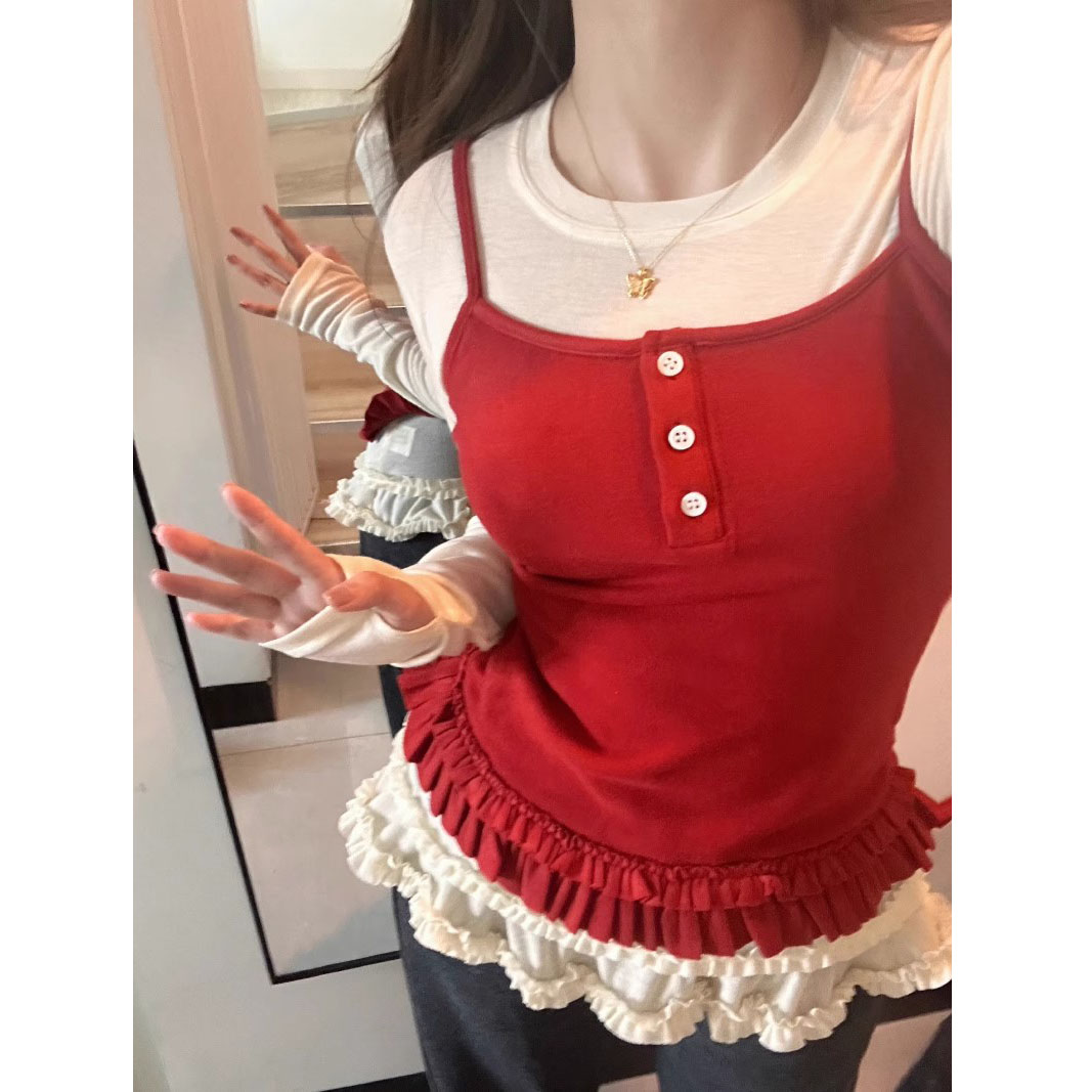 木耳边拼接下摆长袖打底T恤吊带叠穿背心女2025春季新款两件套潮