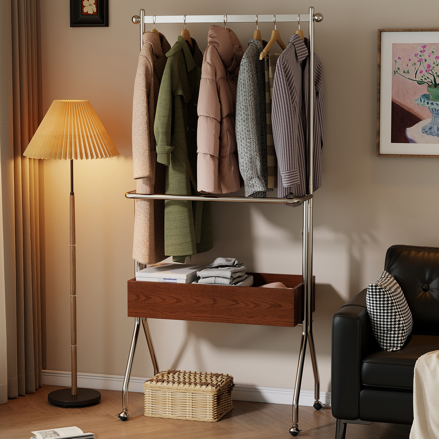 希静法式落地晾挂衣架中古风实木可移动次净卧室床头置物衣帽架