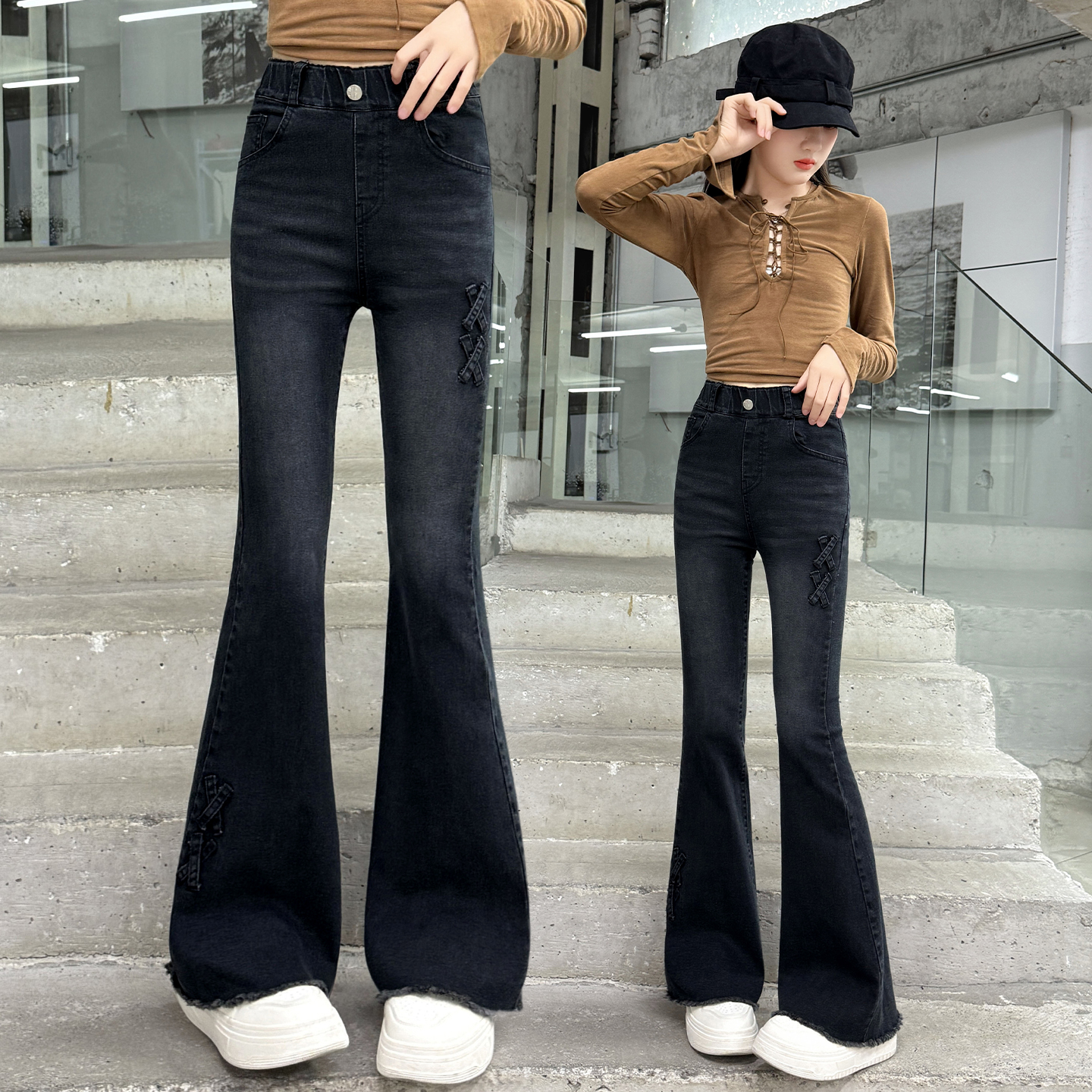 女童牛仔裤春秋时髦洋气微喇秋款黑色大童秋天喇叭裤秋装儿童裤子