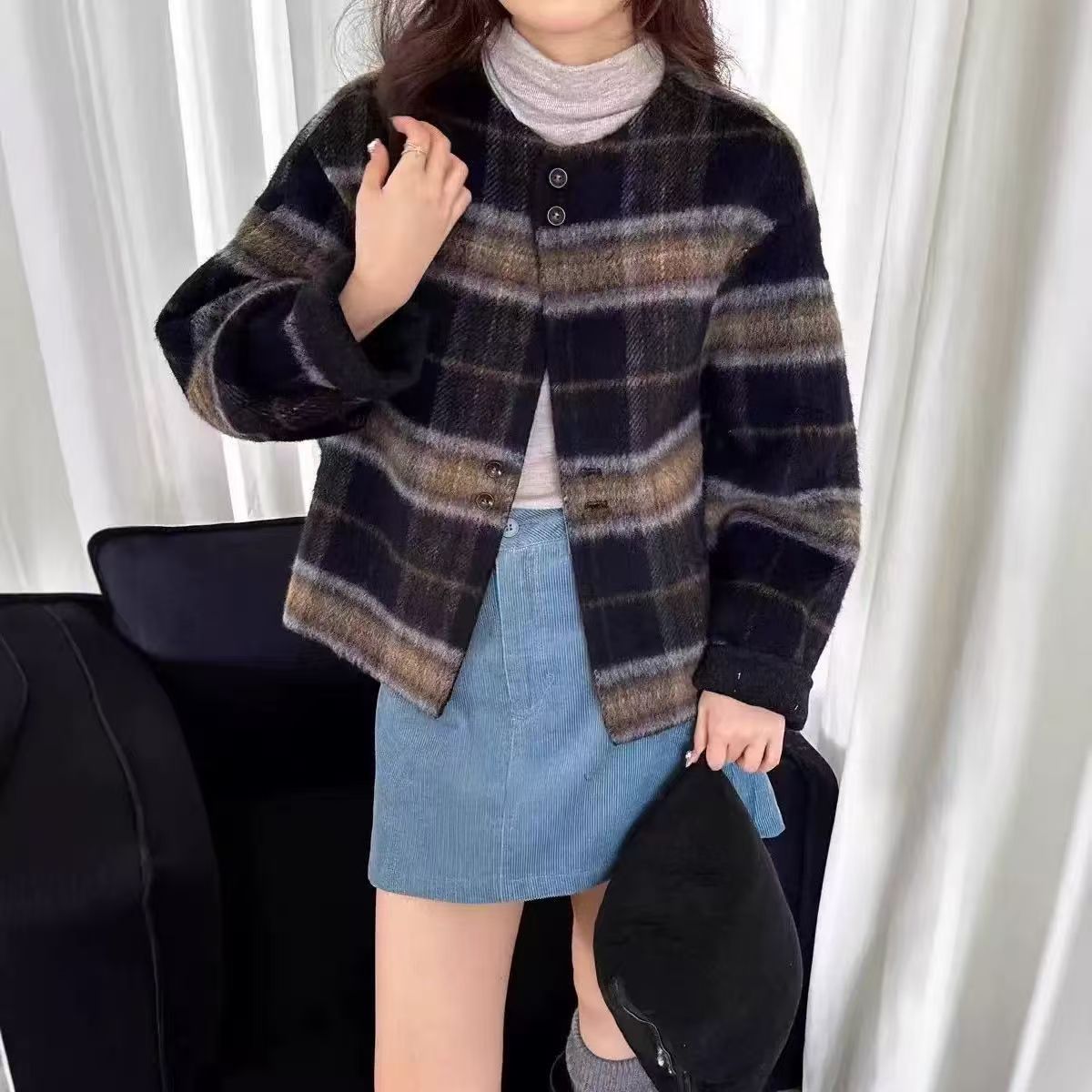 韩系格子圆领双面羊毛大衣女短款2025秋冬宽松小个子羊毛呢外套上