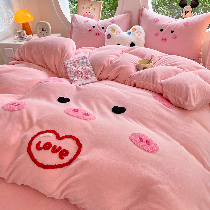 水星高端适用家纺粉猪猪加厚牛奶绒床上四件套类珊瑚绒被套床单秋