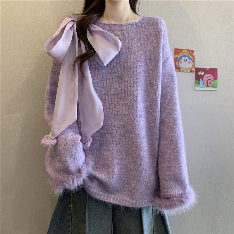 紫色系带蝴蝶结慵懒风毛衣女2025秋冬大码胖mm宽松显瘦遮肉针织衫