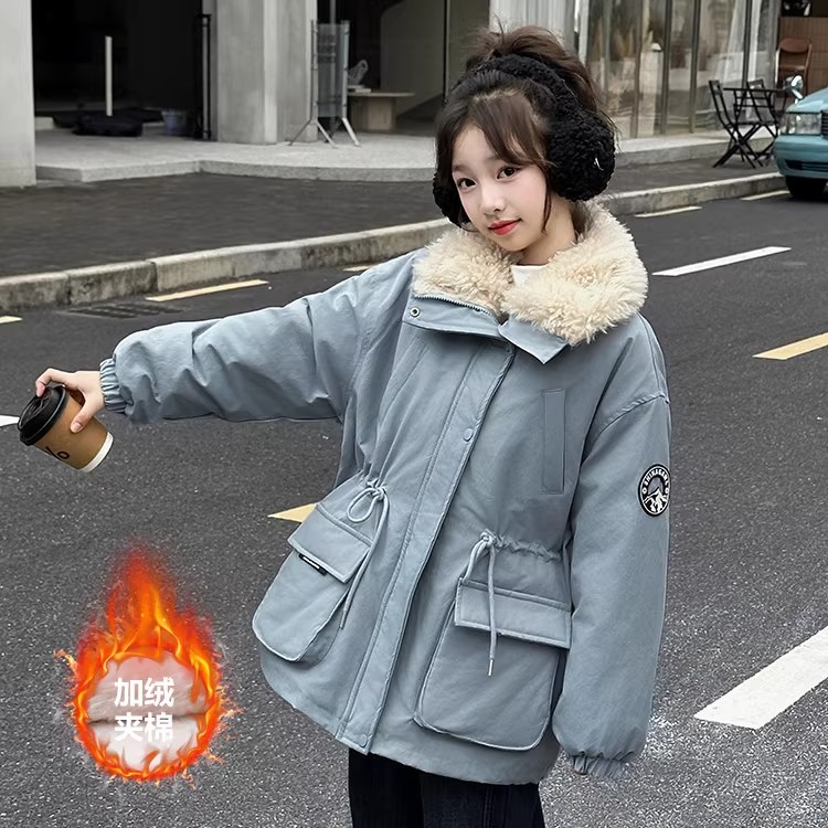 女童派克服冬季加绒加厚2026新款儿童冬装收腰夹棉女大童棉服外套