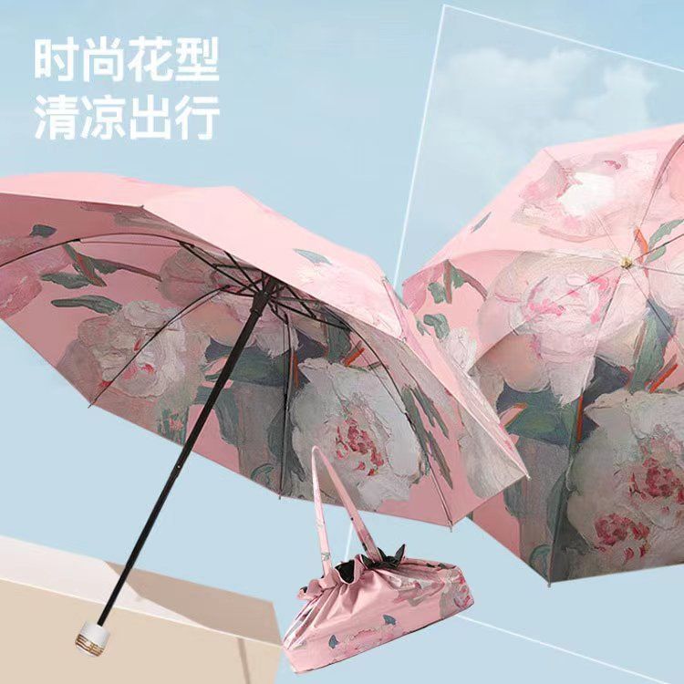 双层双面花黑胶太阳伞防晒紫外线折叠晴雨油画两用反向遮阳伞yj