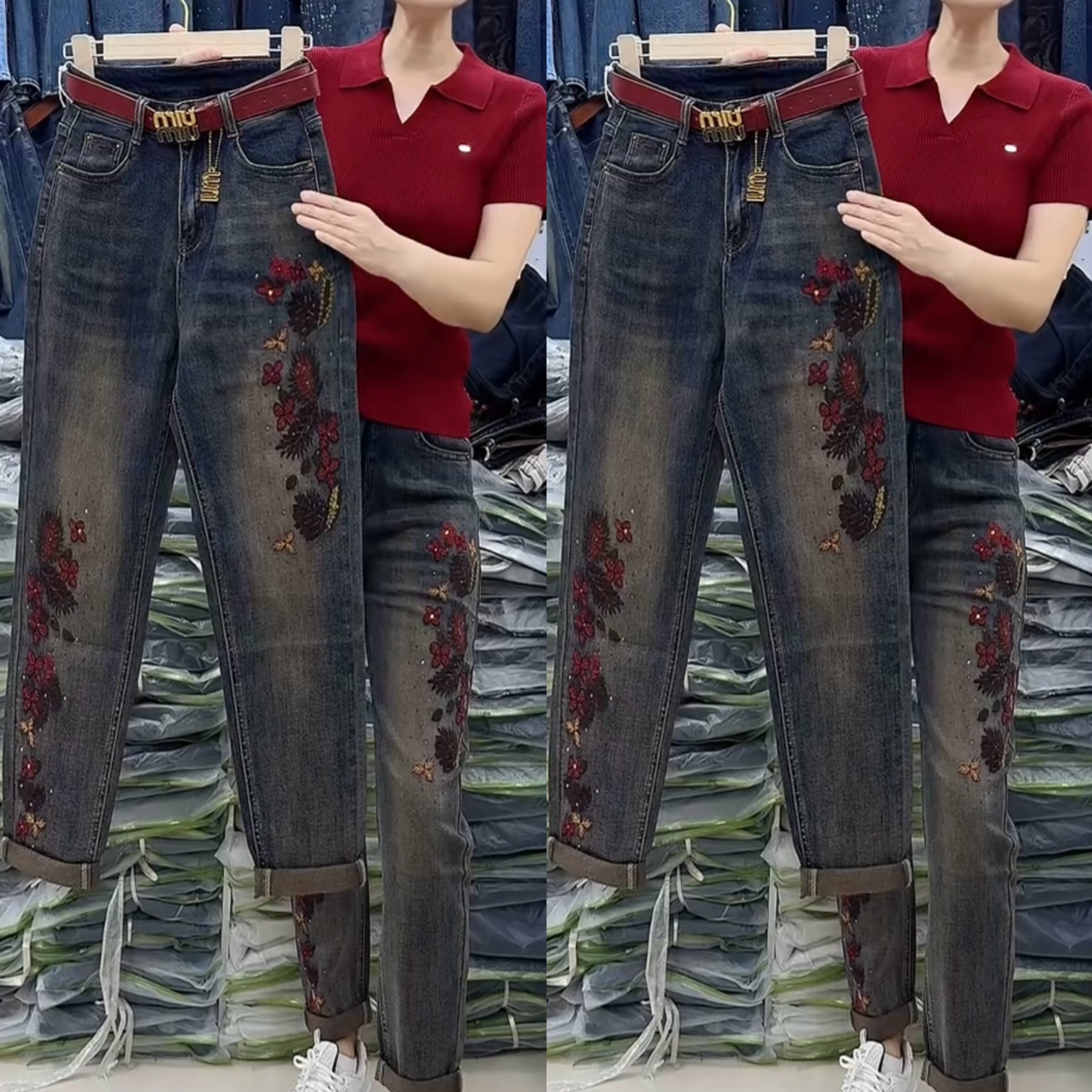早秋复古重工刺绣烫钻高腰牛仔垮裤显瘦百搭宽松牛仔裤（无腰带）