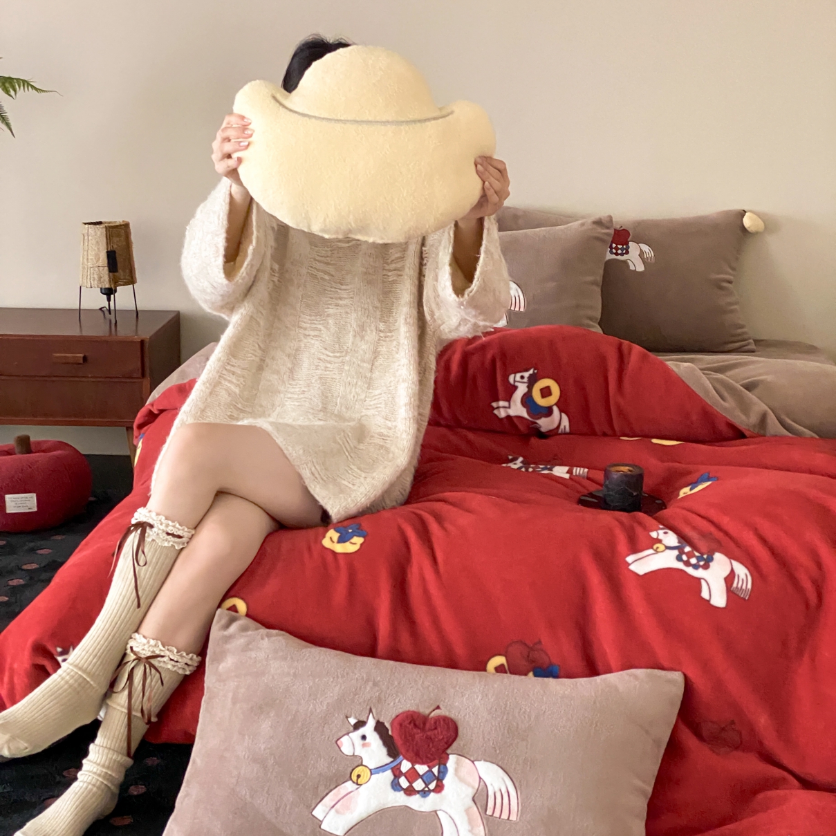 马年本命年喜庆红色四件套冬季加厚牛奶绒可爱高级马图案床上用品