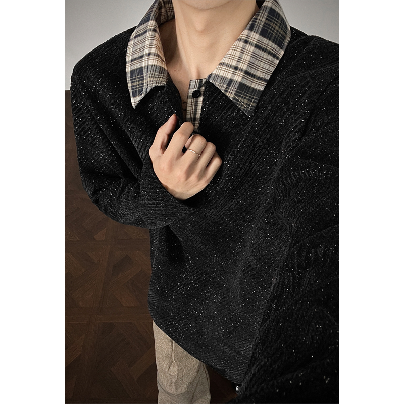 假两件拼接格子雪尼尔卫衣男款秋冬季加绒小香风polo领针织衫外套