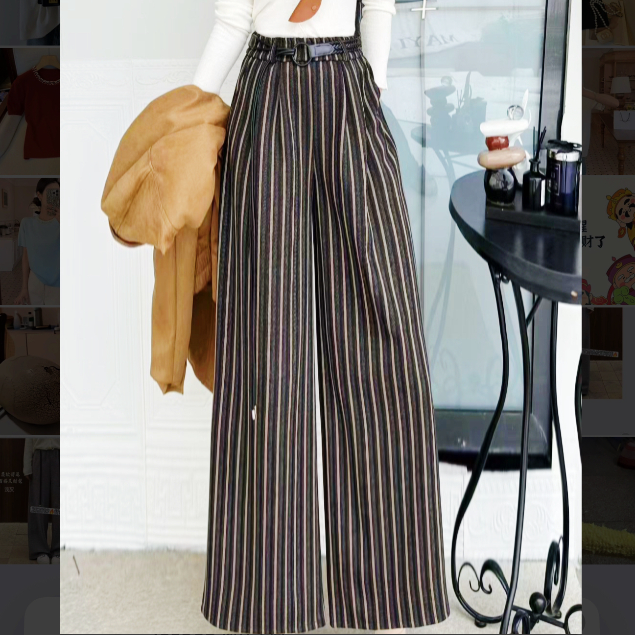 秋冬新款毛尼条纹高级简约时尚阔腿裤508