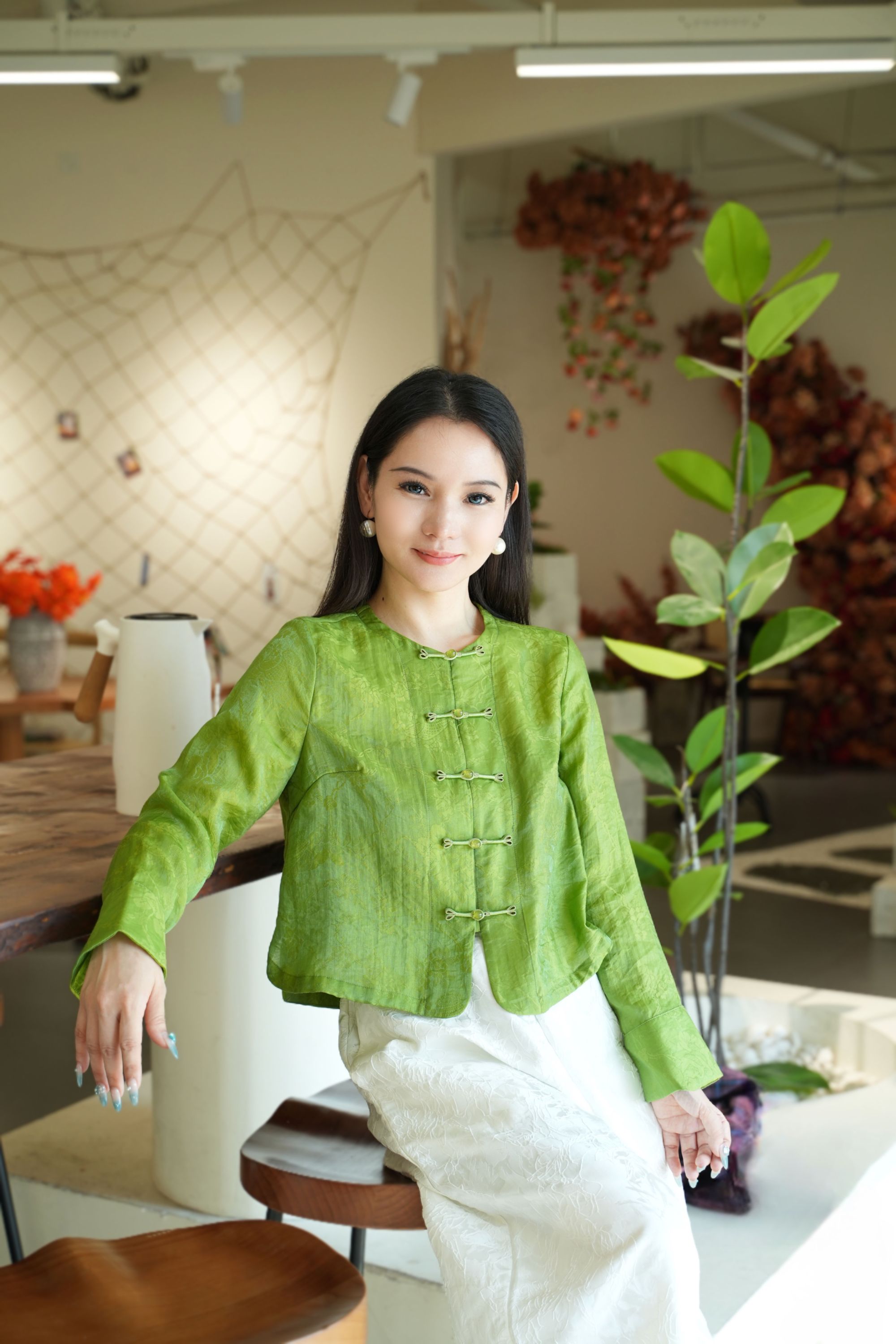 （浅草铃）圆领宽松长袖复古新中式气质薄款时尚绿色HR2025L002上衣