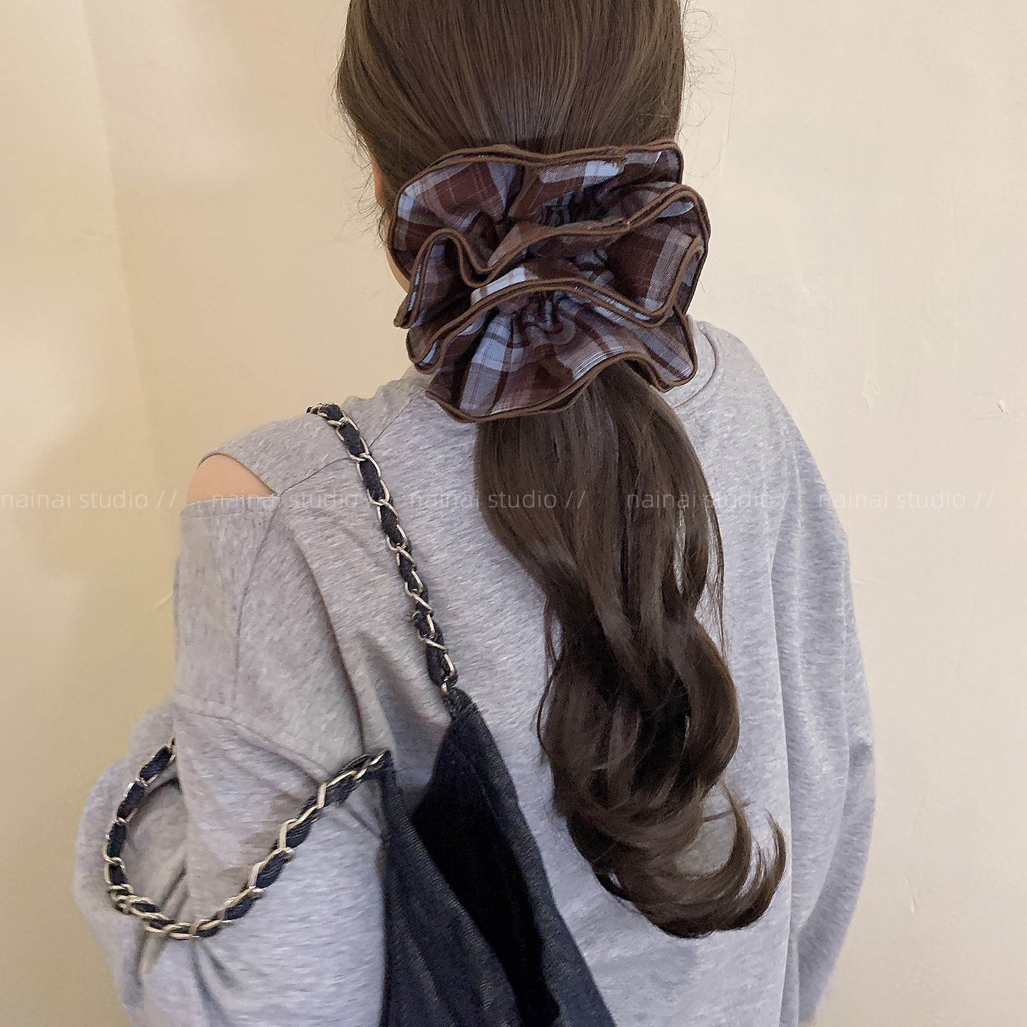 格子四层大肠发圈大号复古法式韩国ins慵懒风丸子头扎马尾发绳女