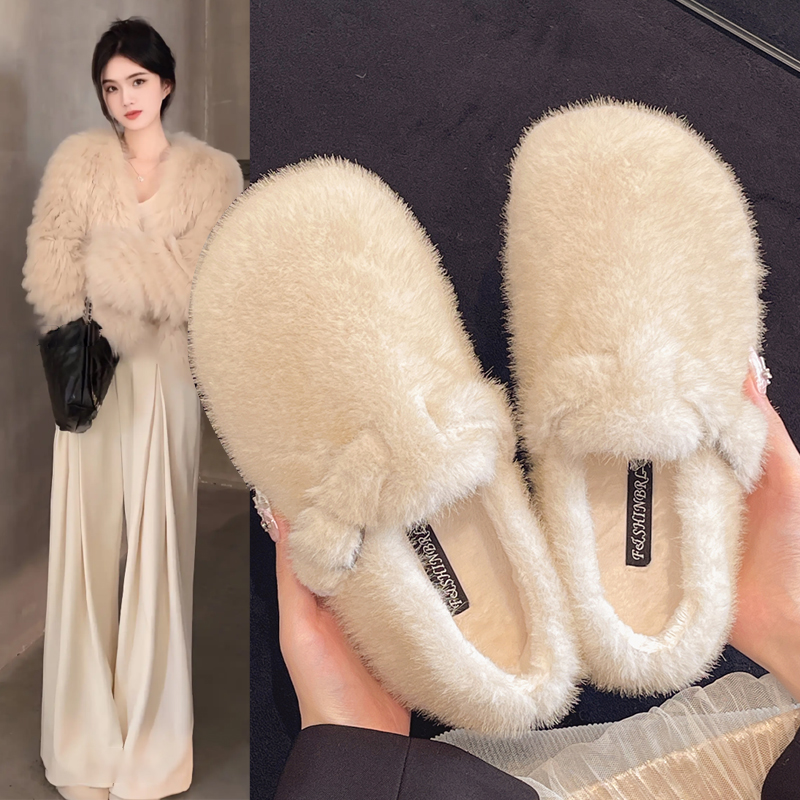 平底加绒毛毛鞋女外穿2025秋冬季新款一脚蹬休闲厚底博肯毛绒棉鞋