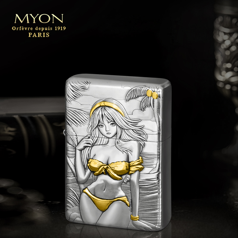 正品MYON勉牌新款M901沙滩女郎双面包银鎏金一机一码煤油打火机