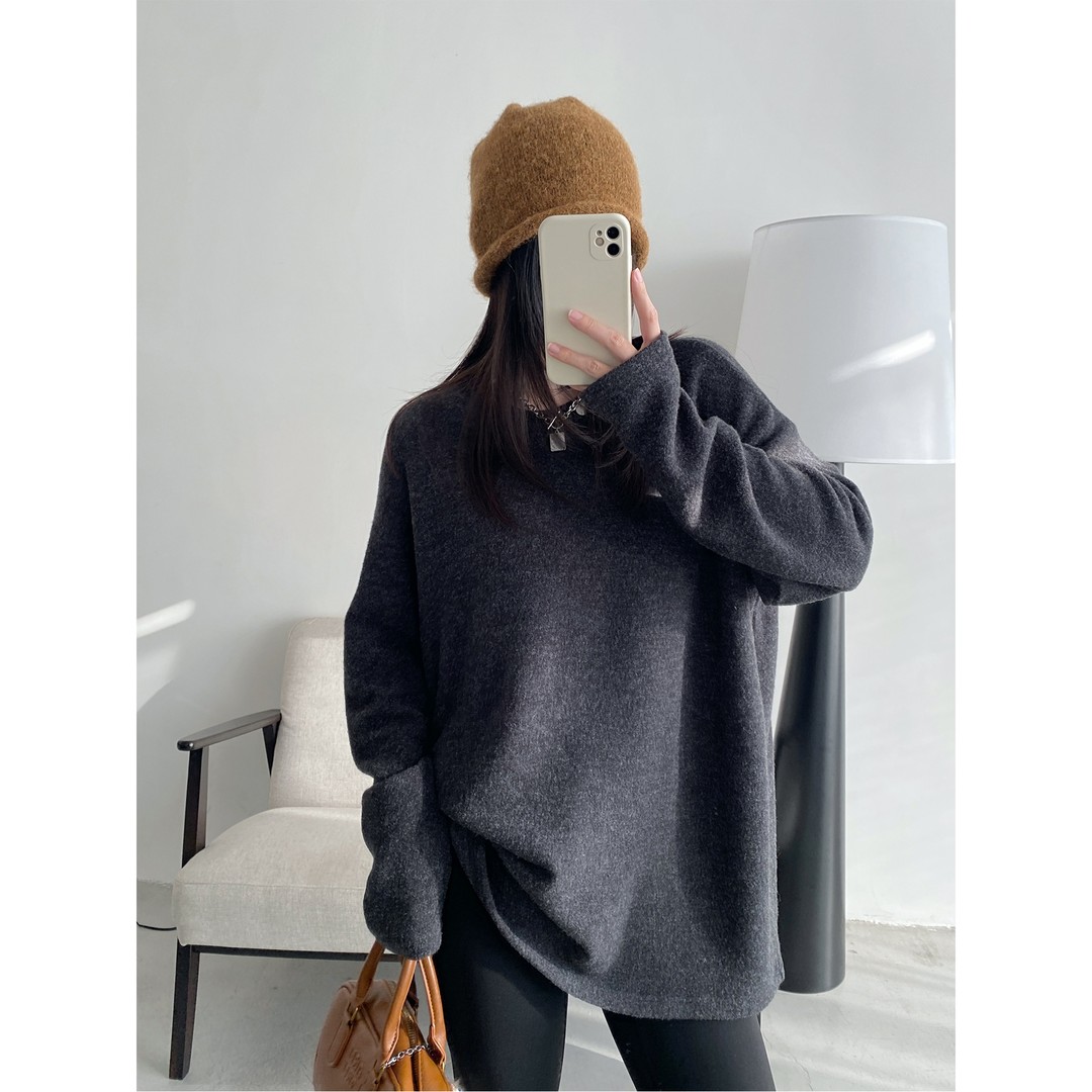 糯米双面绒亲肤圆领长袖T恤女秋冬新款保暖过冬宽松灰色百搭打底