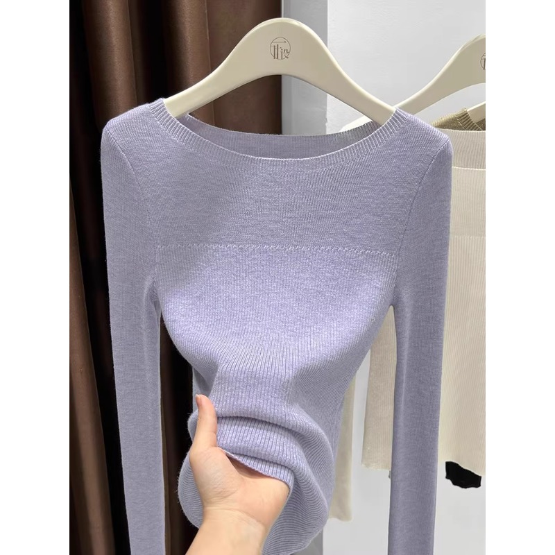 芯娇晴一字领打底衫内搭长袖t恤女士修身露锁骨上衣高级感针织衫