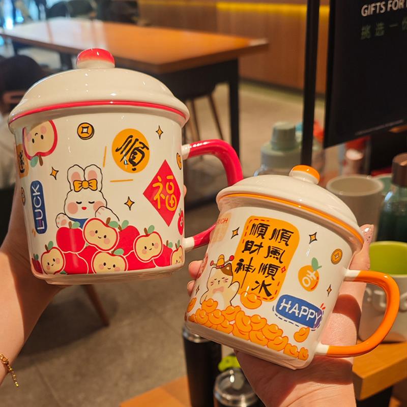 复古陶瓷马克杯大容量女家用茶缸杯情侣带盖仿搪瓷办公室喝水杯子