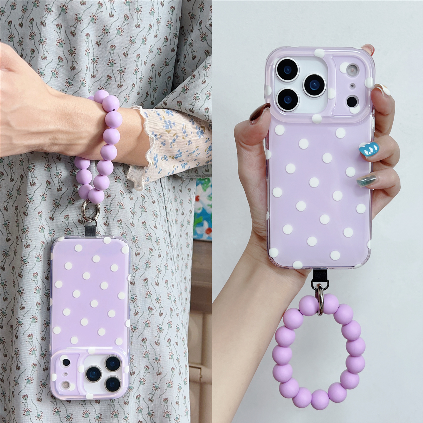 韩系温柔紫米白波点适用苹果17ProMax小众iphone16手机壳15串珠14