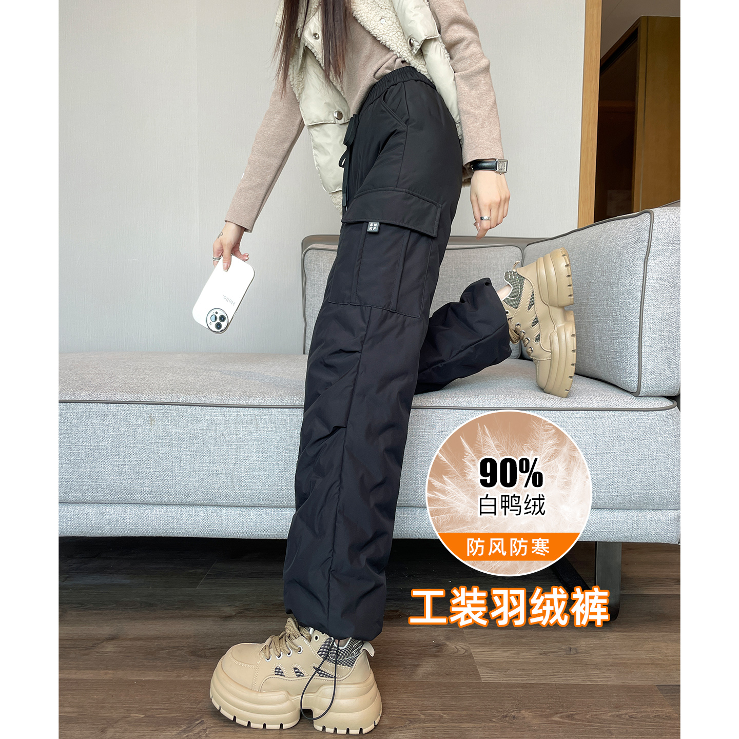 工装羽绒裤女款外穿最新款小个子棉裤冬季加绒加厚白鸭绒保暖裤子