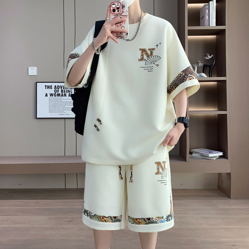 夏季新款青少年短袖套装男百搭韩版男士薄款半袖痞帅潮流宽松休闲