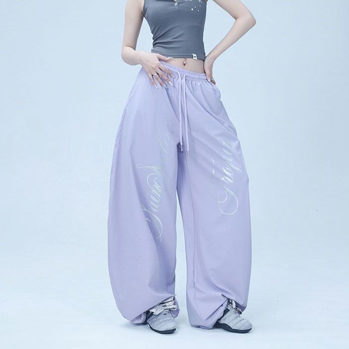 美式潮牌街头爵士舞运动裤女薄款凉感印花宽松大板型两穿休闲长裤