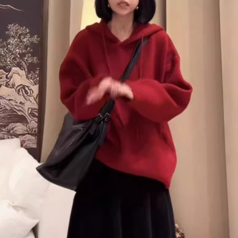 大码慵懒风连帽毛衣宽松显瘦针织衫小个子遮肚红色毛衣打底衫卫衣