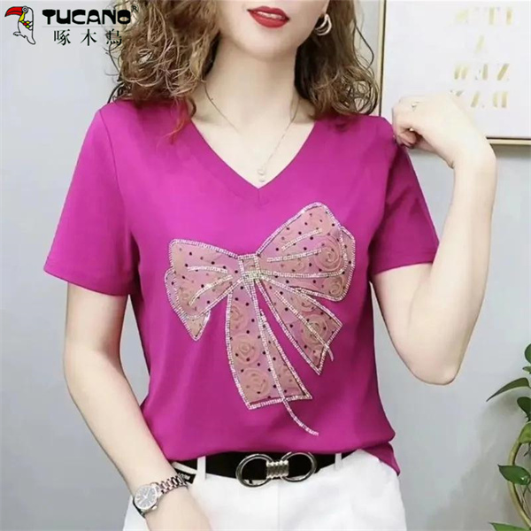【啄木鳥】正版纯棉高档洋气V领蝴蝶结时尚遮肉显瘦小衫短袖百搭T恤