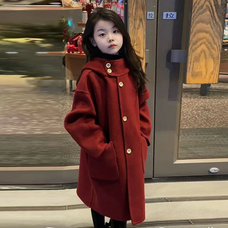 女童双面穿中长款秋冬韩版毛呢洋气呢子外套秋冬装2025年新款大衣