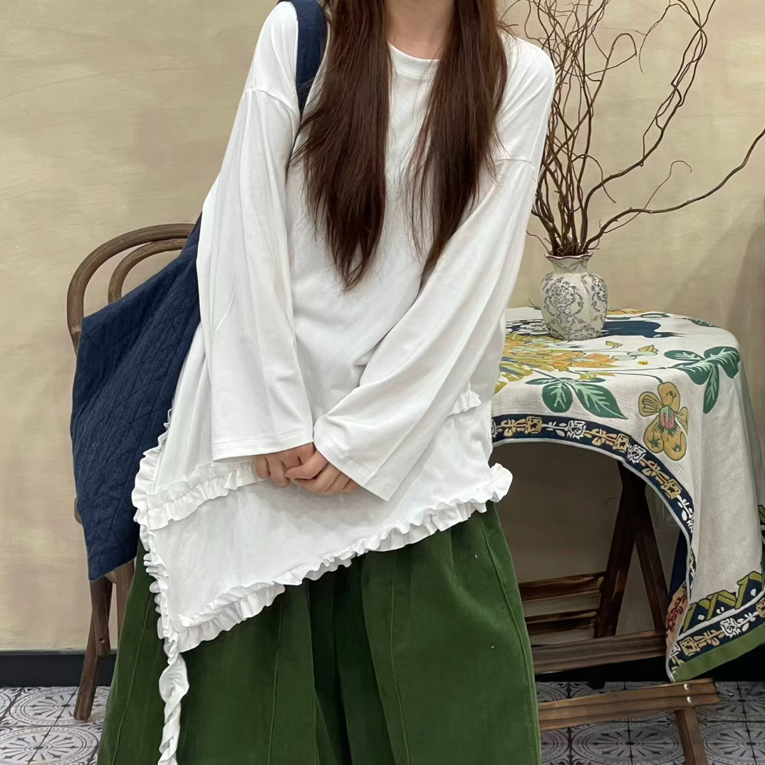 /大大/上喜家/6133#不规则花边长袖套头T恤打底/