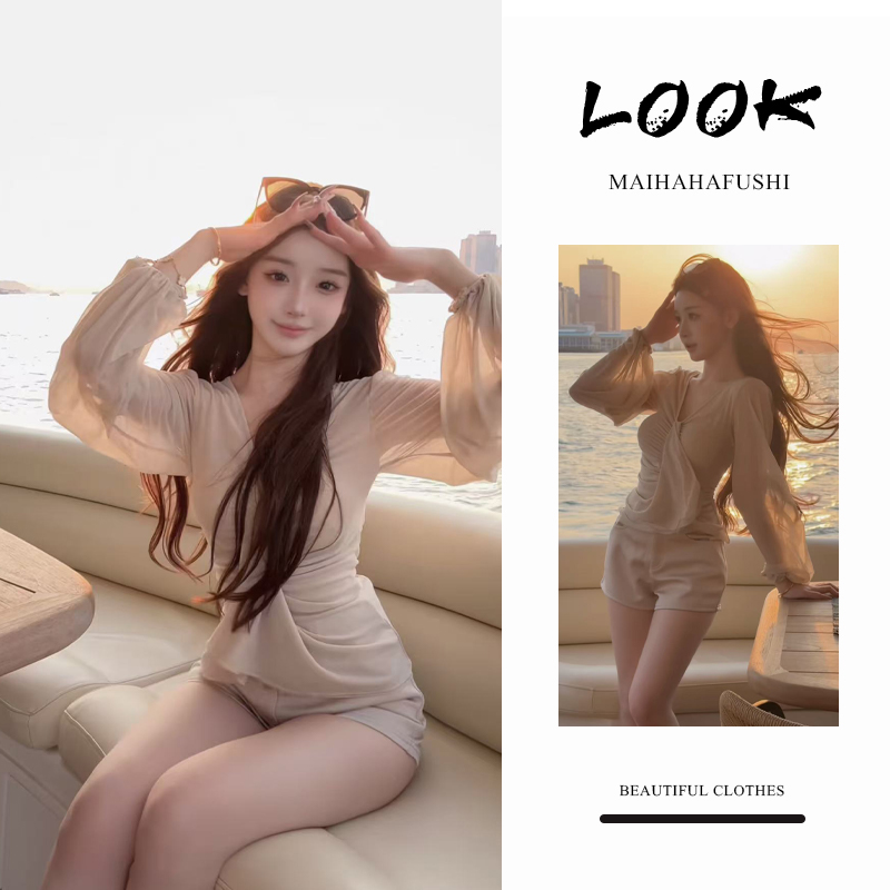 秋季温柔系穿搭女2025新款韩版气质纯欲风V领长袖T恤短裤两件套