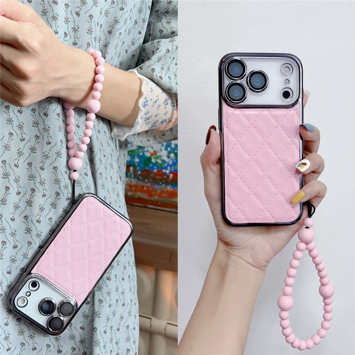 粉色皮质编织格纹适用苹果17pm手链iphone16promax串珠15手机壳14