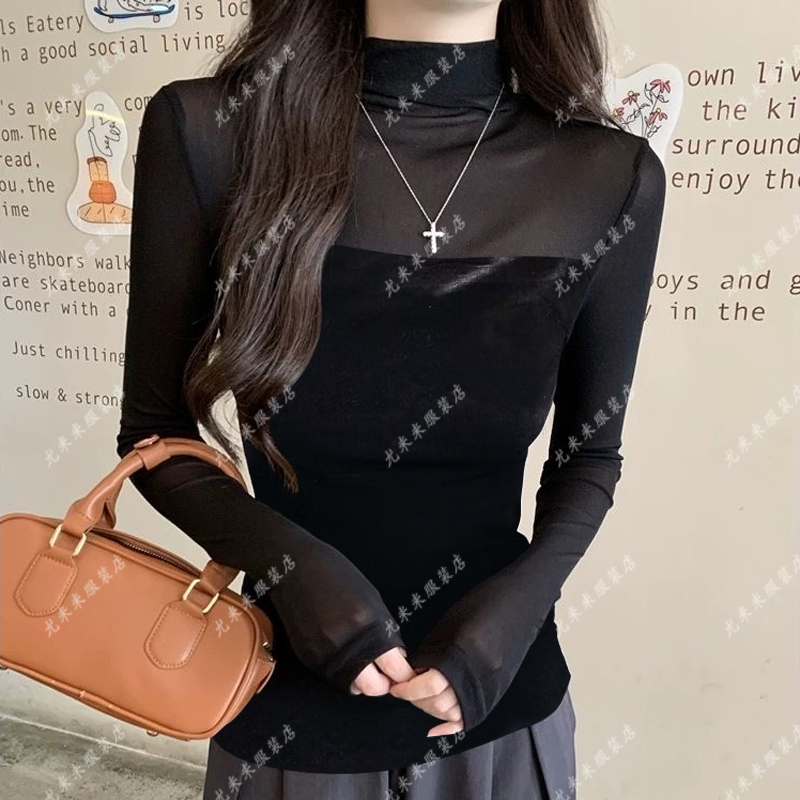 拼接半高领网纱打底衫女早秋新款气质修身内搭长袖薄款上衣WW