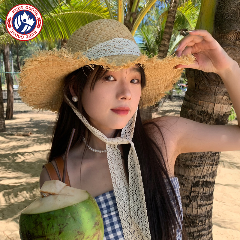RUDY GOOSE法式蕾丝系带出游度假风草编遮阳帽夏季拉菲草帽沙滩帽