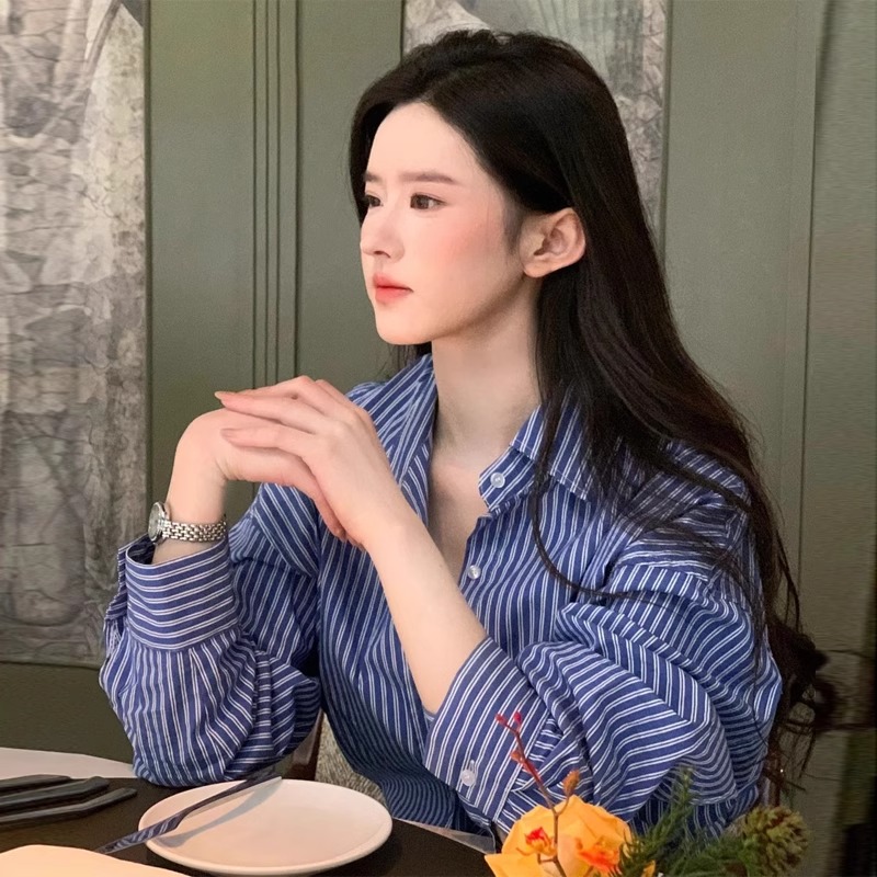 【杭州意法好货】春季蓝色条纹衬衫设计感小众宽松百搭港味上衣女