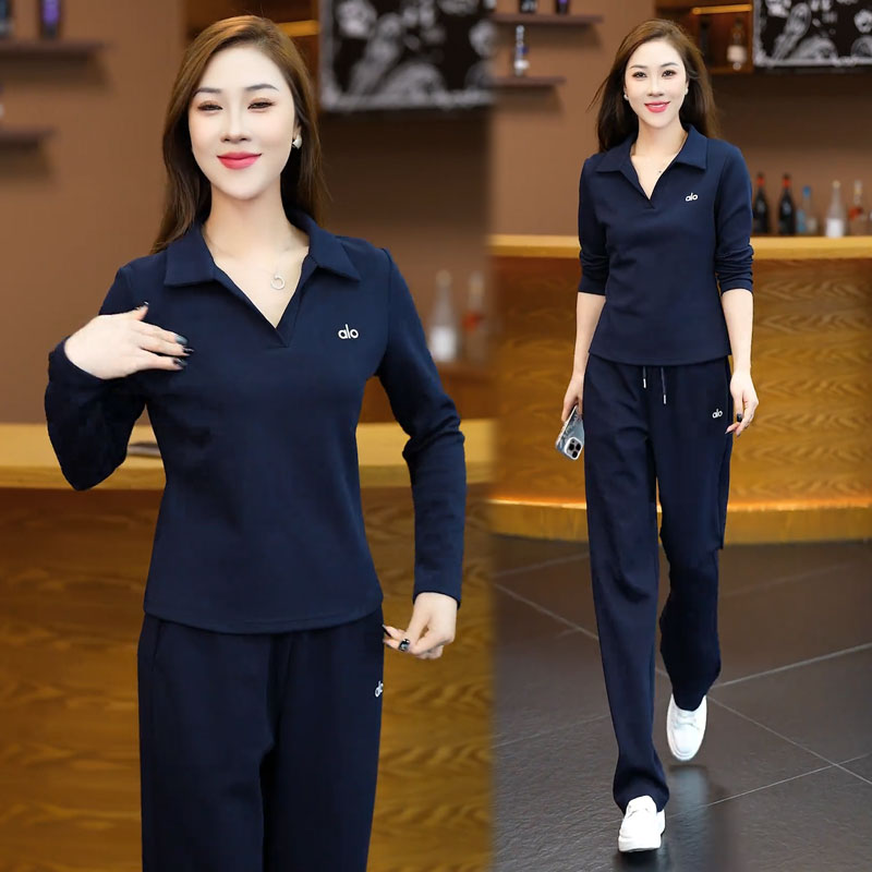 时尚休闲套装女2025秋季新款时髦洋气polo领长袖上衣阔腿裤两件套