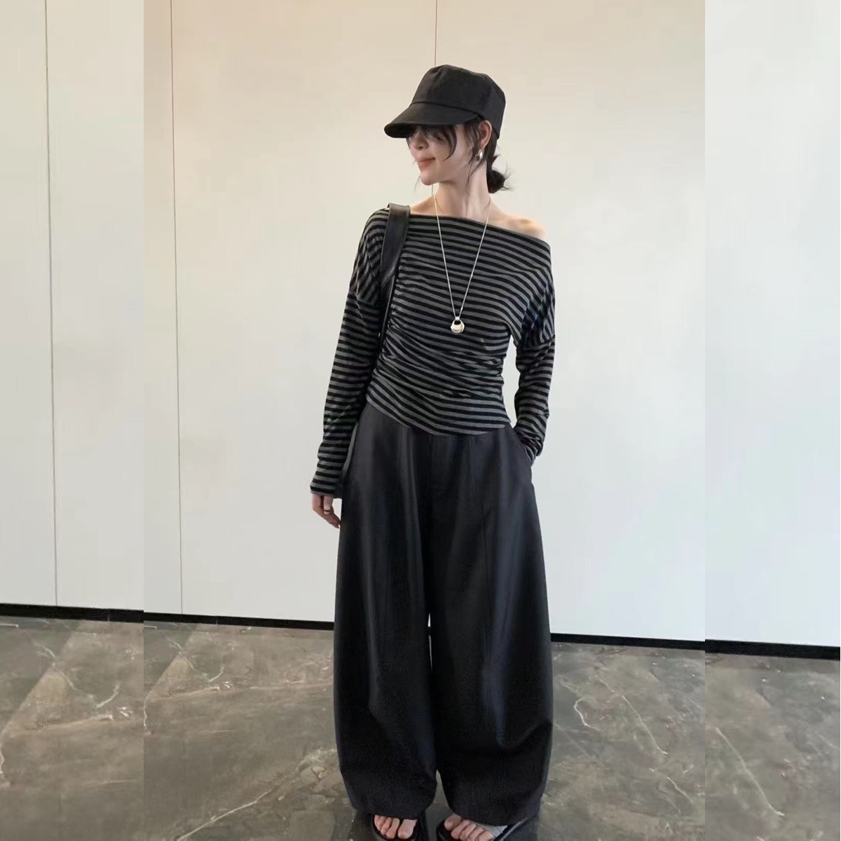 2025早秋新款时尚一字肩长袖T恤衫阔腿裤女宽松气质上衣裤子套装