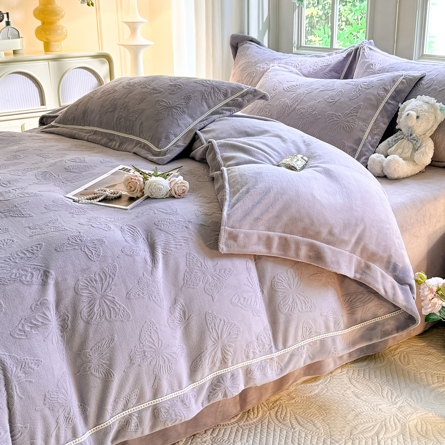 富安娜牛奶绒四件套新款加厚保暖雕花绒短毛宝宝绒珊瑚绒床单床笠