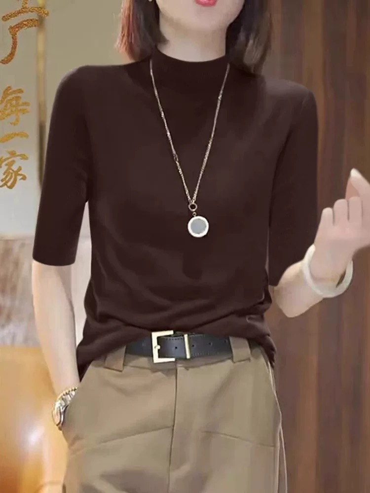 洋气半高领针织修身打底衫女2025秋季新款显瘦内搭中袖上衣薄款