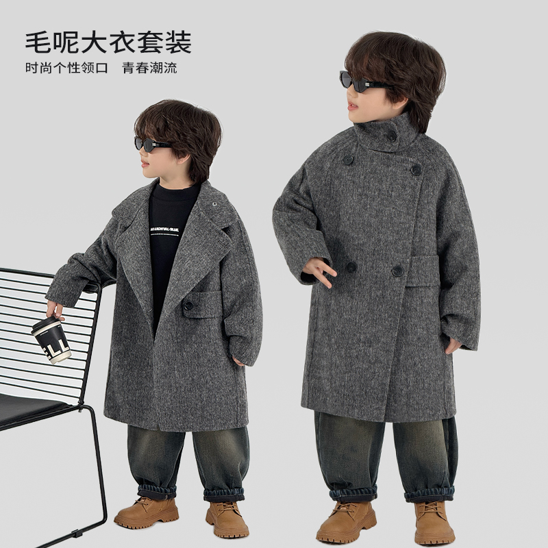 中班仔男童套装呢大衣加绒打底衫弯刀裤冬季三件套韩版潮*ZH2679