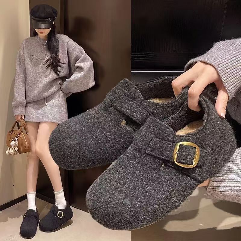 复古呢子内增高勃肯鞋女2025新秋冬加绒保暖毛毛鞋厚底棉鞋S3337