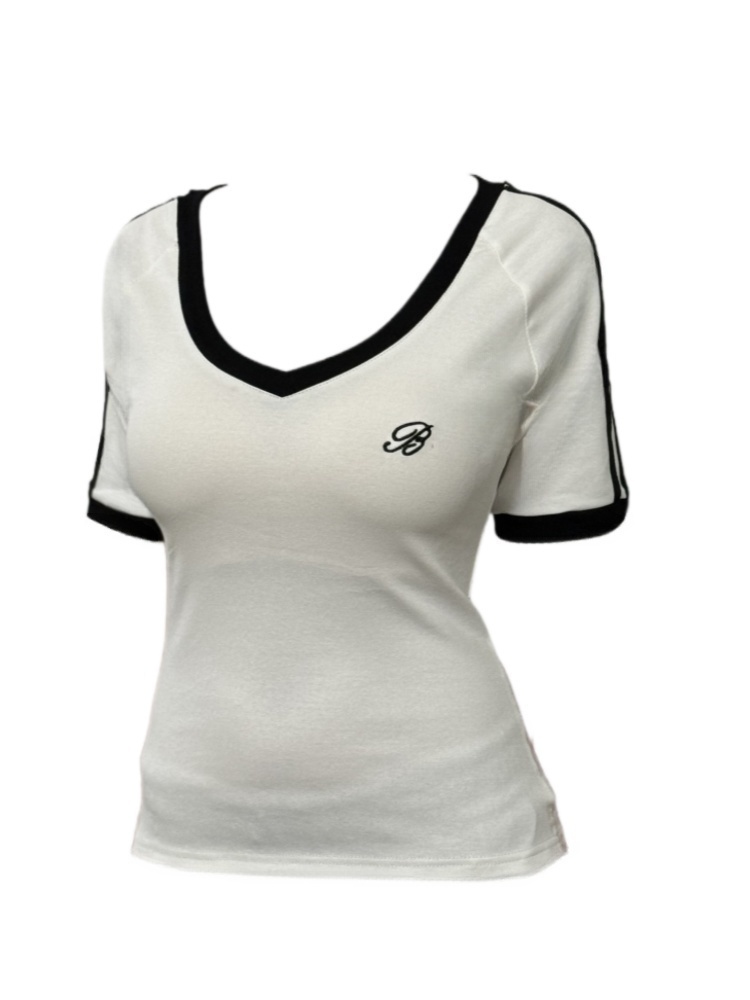 【Amy家】2025夏季新款正肩短袖T恤女设计感运动三条杠拼接撞色上衣