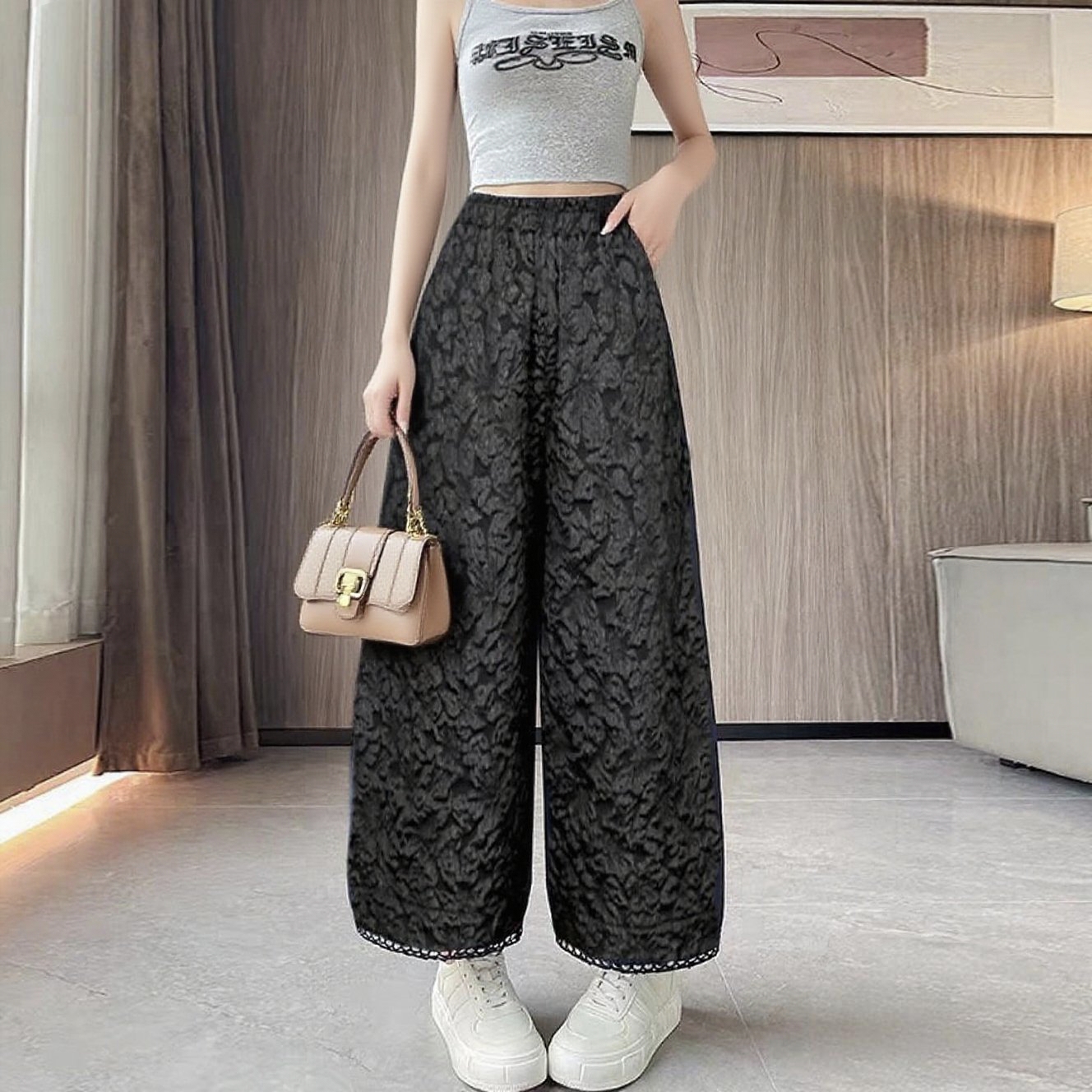 新中式气质春秋休闲裤立体浮雕灯笼裤百搭宽松提花中国风九分裤