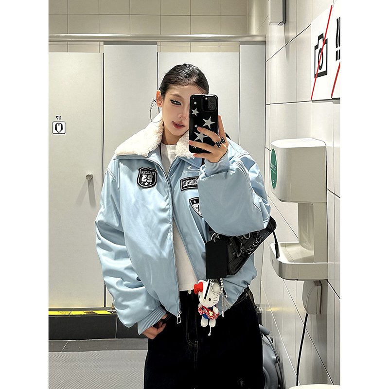 爆爆糖美式复古棒球pu皮棉服冬季可拆卸毛领翻领保暖加厚休闲外套