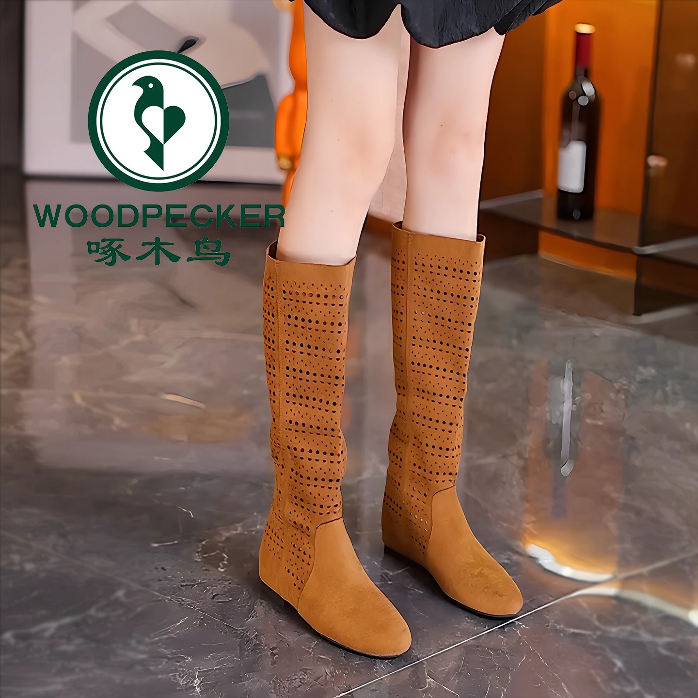 啄木鸟3cm中筒靴女夏季新款圆头两穿堆堆靴镂空复古时尚长靴鞋子